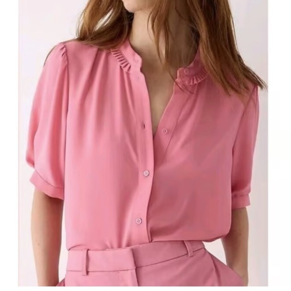J.Crew Drapey Button-Up Top Flamingo Pink shirt sleeve women’s small. NWOT - Picture 1 of 10